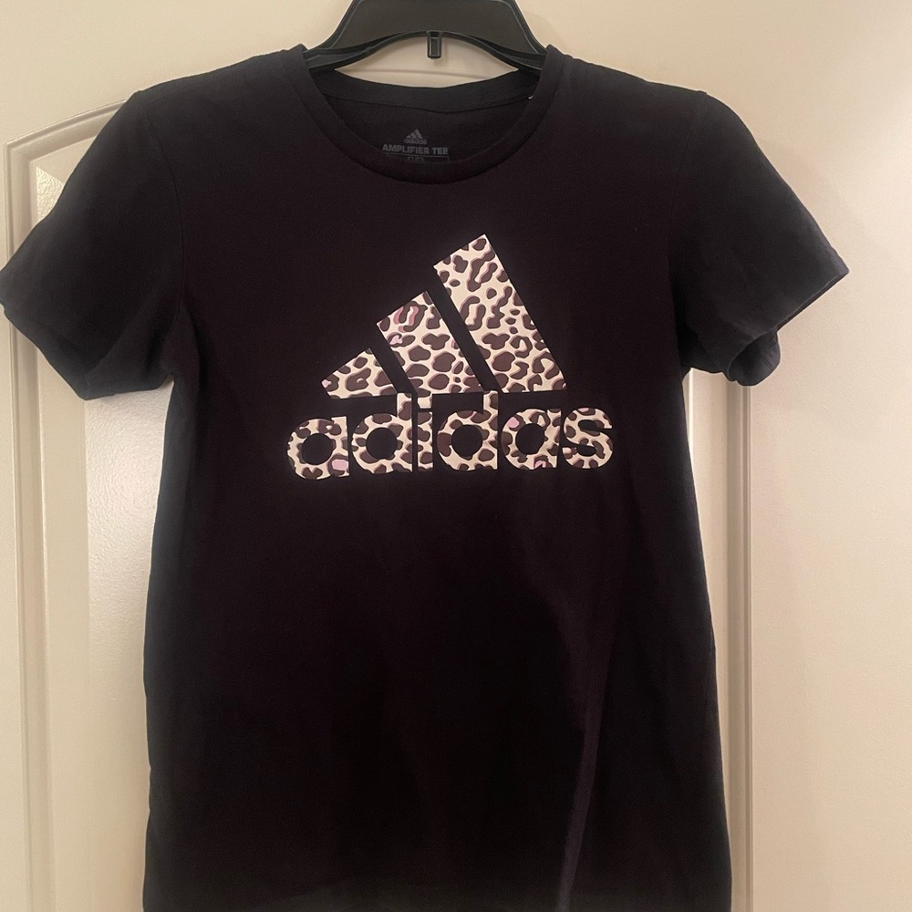 Adidas Black T-Shirt with Leopard Print Logo